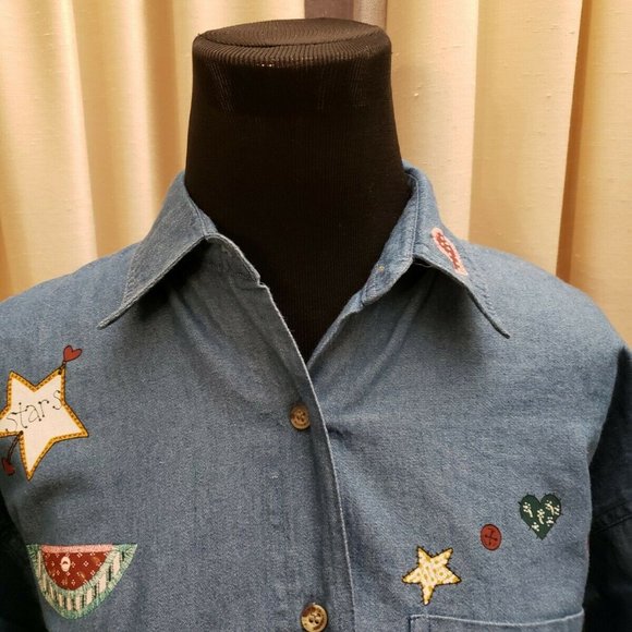 VTG. "Guardian Angel" Denim Oversized  Shirt S - Picture 6 of 12